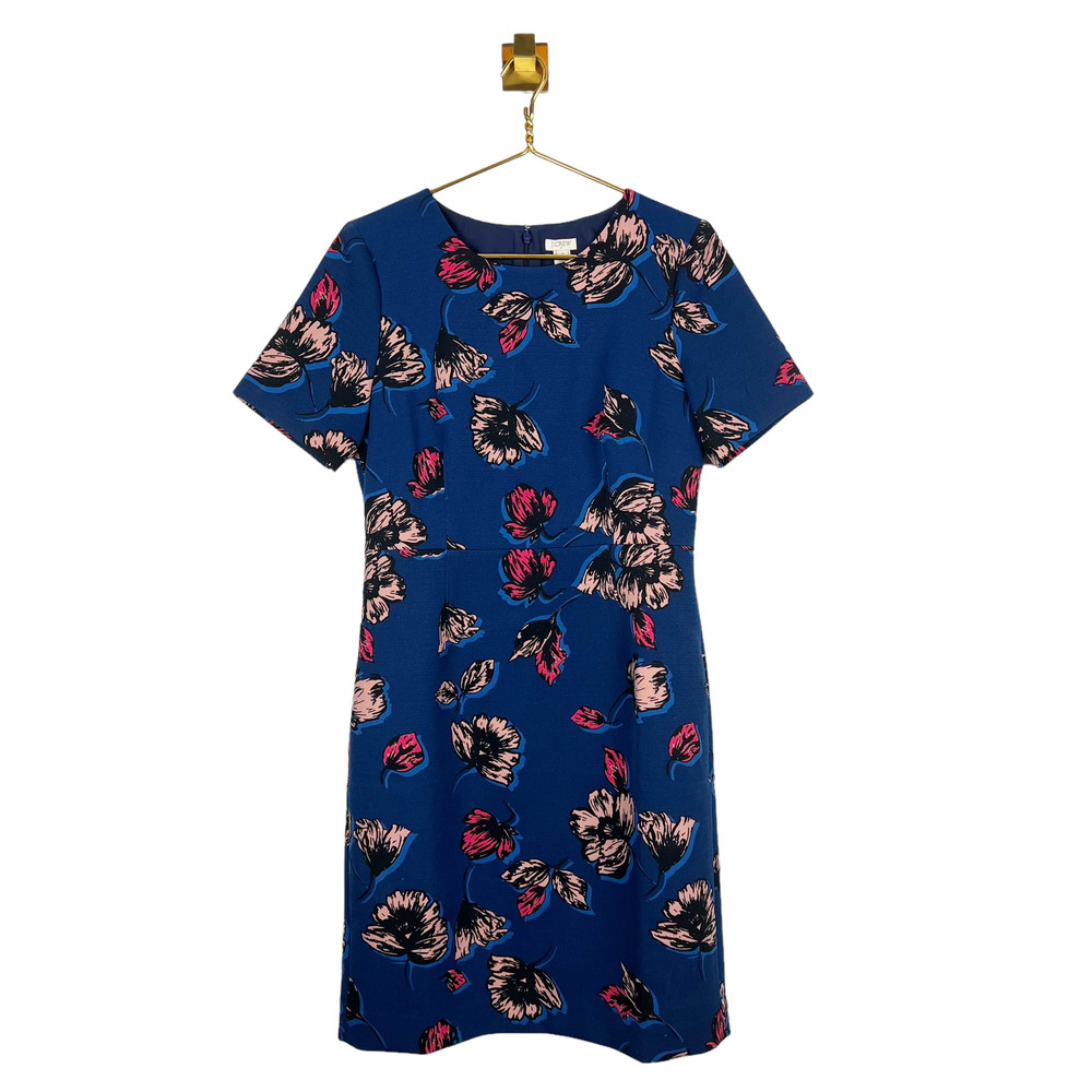 J. Crew Factory Blue Floral Short Sleeve Sheath Dress Sz 12